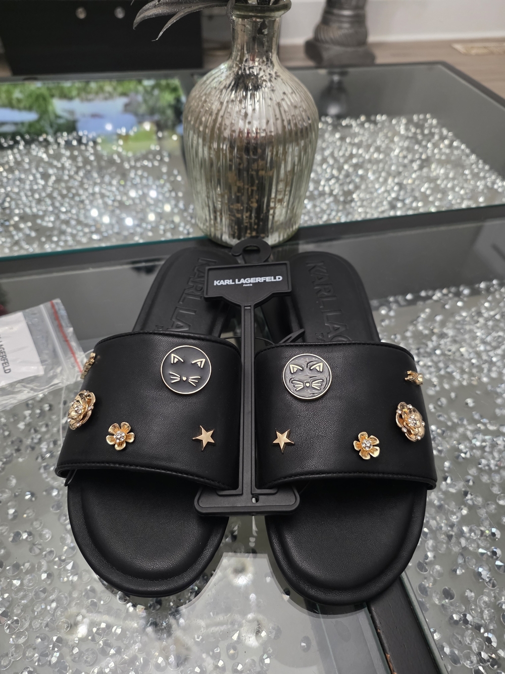 Karl Lagerfeld Women’s Black Slide Sandals with Gold Accents New